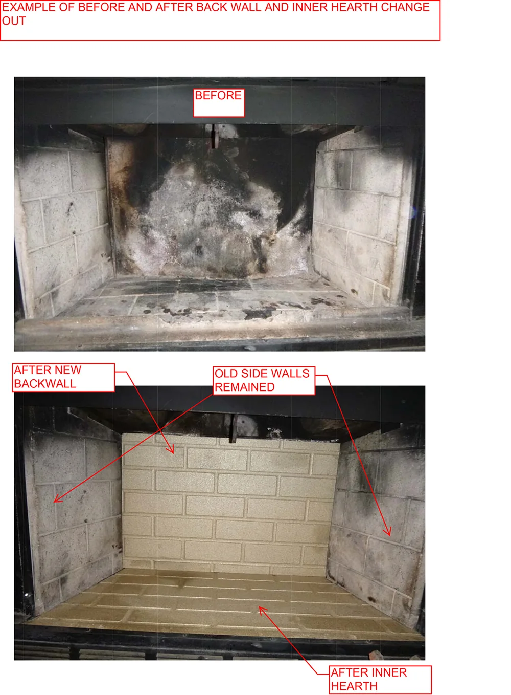 Comparison of a firebox with replaced back and hearth panels