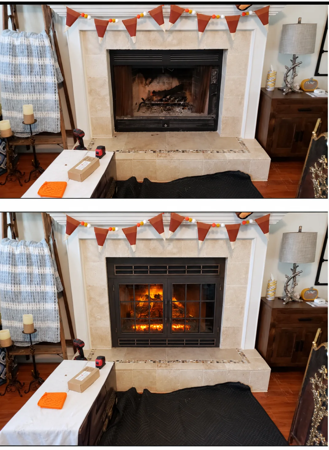 Two views illustrating fireplace door and insert arrangements