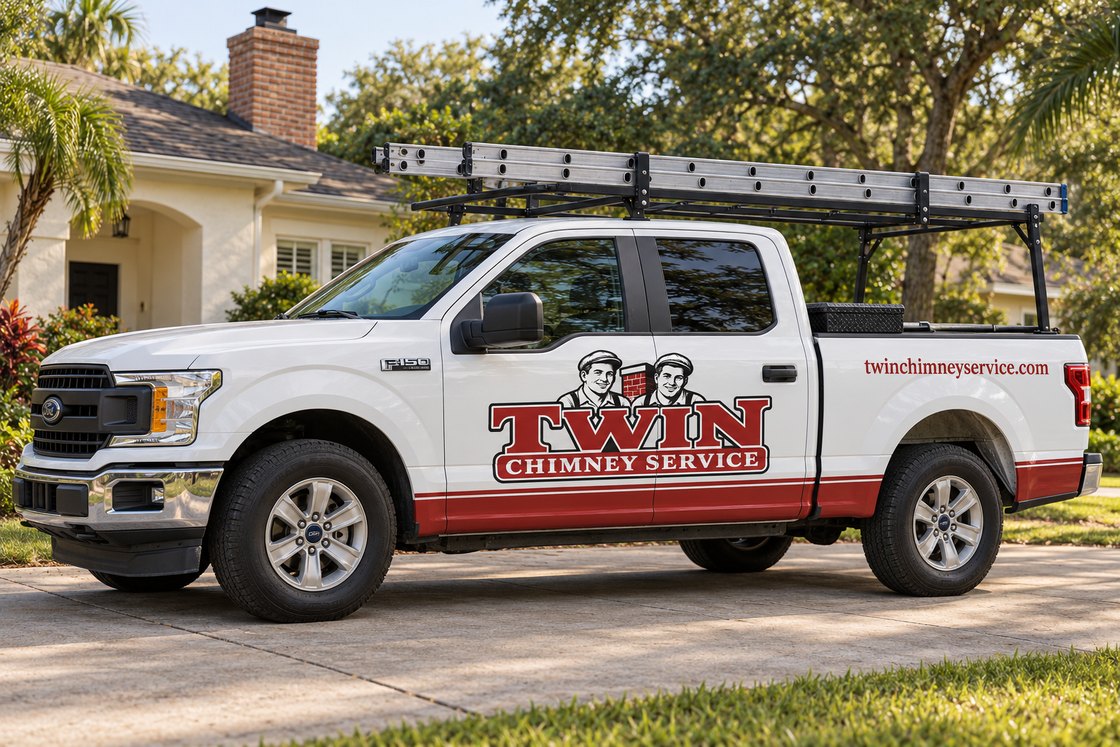 White service pickup with Twin Chimney Service branding and a ladder rack